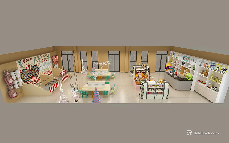Indoor Playground With Colorful Decorations Swings Slides Candy Shop Toy Shelves Tables And Chairs 3d model 