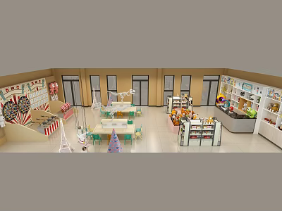 Indoor Playground With Colorful Decorations Swings Slides Candy Shop Toy Shelves Tables And Chairs 3d model