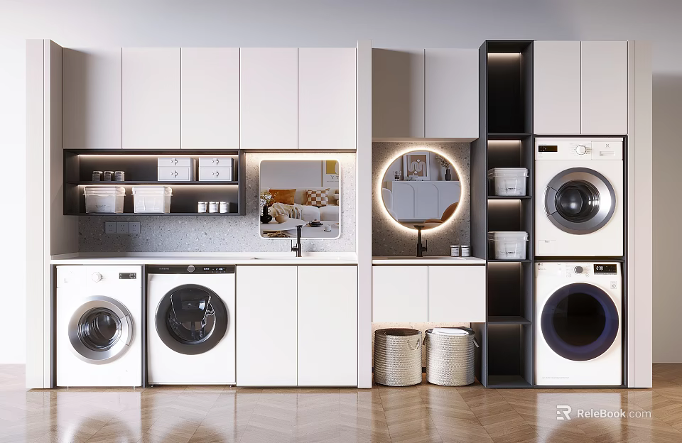 Modern Laundry Room Interior With Washing Machines Dryers And Storage Cabinets 3d model 