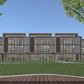 Modern Townhouse Exterior With Large Glass Windows Wooden Accents And Green Lawn Area