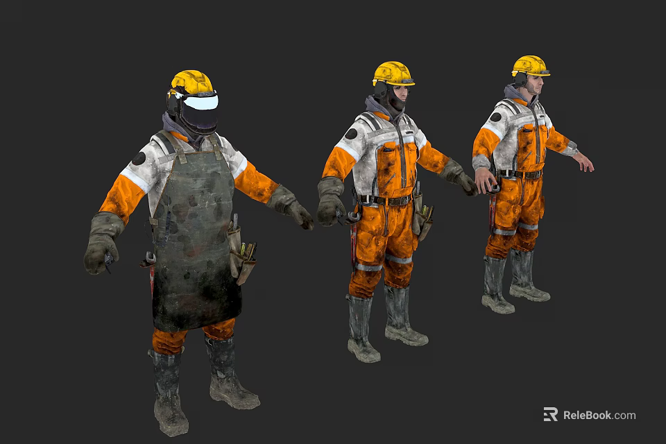Men Wearing Yellow Hard Hats Orange White Work Uniforms And Protective Gear In Different Poses 3d model 