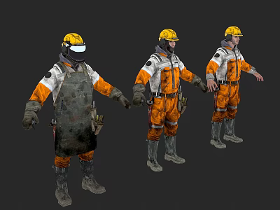 Men Wearing Yellow Hard Hats Orange White Work Uniforms And Protective Gear In Different Poses 3d model