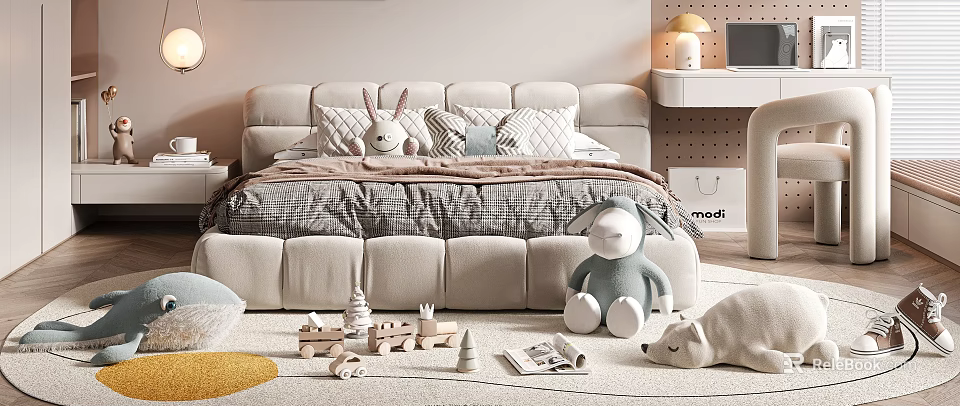 Cozy Kids Bed With Upholstered Headboard Pillows Stuffed Toys And Wooden Toys On Rug 3d model 