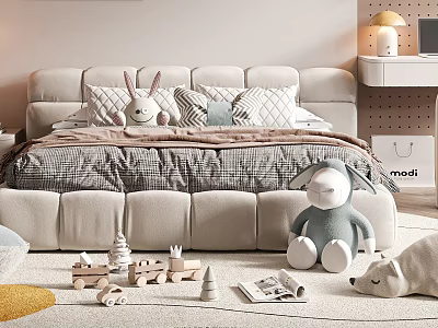 Cozy Kids Bed With Upholstered Headboard Pillows Stuffed Toys And Wooden Toys On Rug 3d model