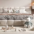 Cozy Kids Bed With Upholstered Headboard Pillows Stuffed Toys And Wooden Toys On Rug