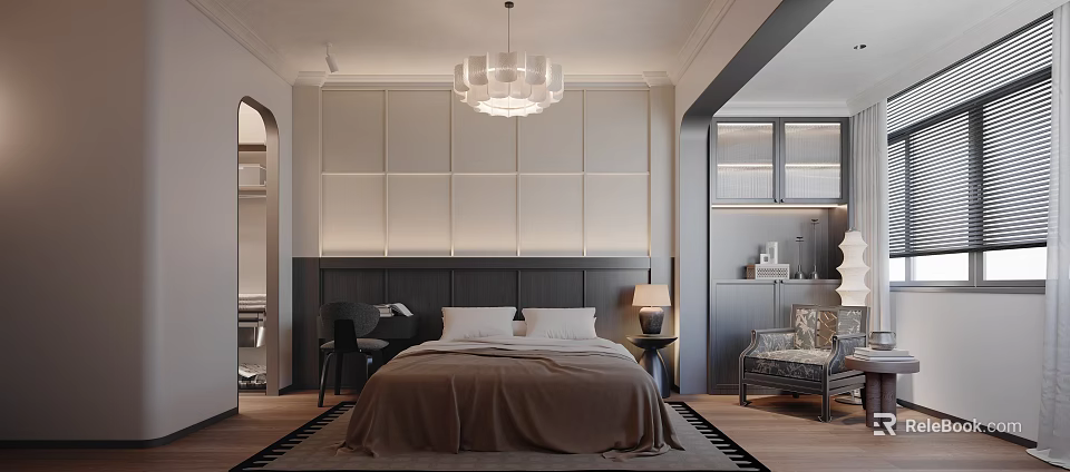 Modern Bedroom Interior With Paneled Headboard Wall Statement Chandelier Neutral Bedding And Accent Armchair 3d model 