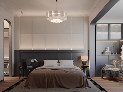 Modern Bedroom Interior With Paneled Headboard Wall Statement Chandelier Neutral Bedding And Accent Armchair 3d model