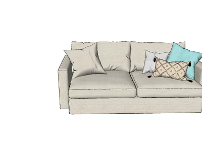 Stylish Two Seater Sofa in Light Beige with Light Blue and Patterned Pillows 3d model