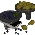 Fresh Purple Grapes and Green Pears on Marble Pedestal Plates with Stacked Books