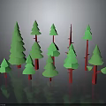 Decorative Green Tree Models with Red Trunks Various Sizes on Dark Background with Reflections 3d model
