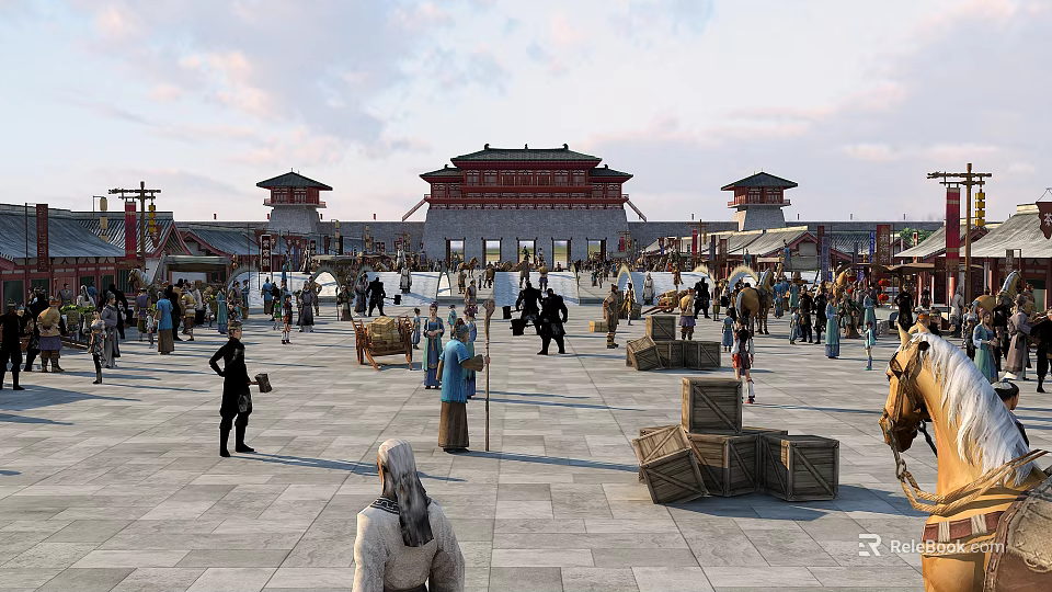 Ancient Architecture Grand Gate Red Roof White Walls Front Square People Walking Talking Boxes Stalls 3d model 