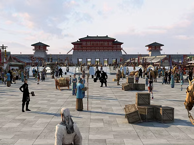 Ancient Architecture Grand Gate Red Roof White Walls Front Square People Walking Talking Boxes Stalls 3d model
