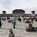 Ancient Architecture Grand Gate Red Roof White Walls Front Square People Walking Talking Boxes Stalls