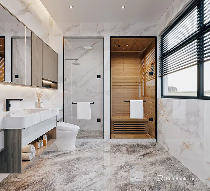 Luxury Bathroom Interior Design With Marble Floor Glass Shower Toilet Vanity Mirror And Wooden Sauna 3d model 