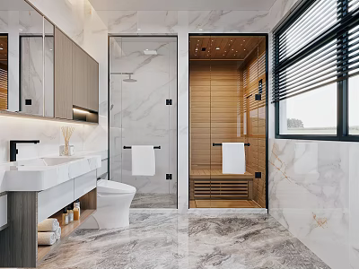 Luxury Bathroom Interior Design With Marble Floor Glass Shower Toilet Vanity Mirror And Wooden Sauna 3d model