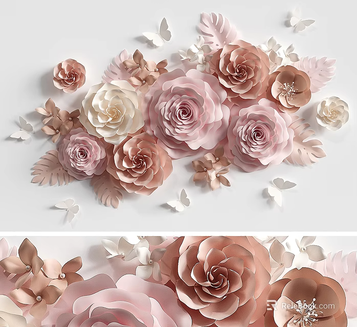 Decorative Ornament Set With Pink Beige Roses And White Butterflies In Soft Tones 3d model 