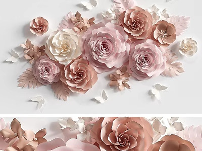 Decorative Ornament Set With Pink Beige Roses And White Butterflies In Soft Tones 3d model