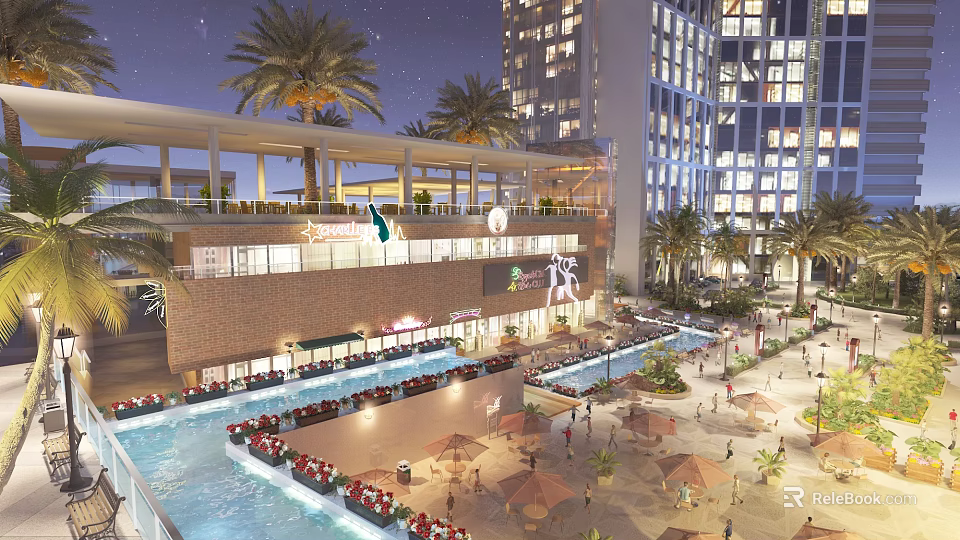 Vibrant Commercial Street Night Scene With Tall Buildings Palm Trees And Outdoor Dining Areas 3d model 