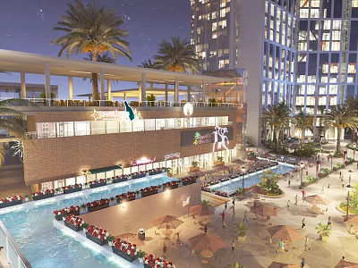 Vibrant Commercial Street Night Scene With Tall Buildings Palm Trees And Outdoor Dining Areas 3d model