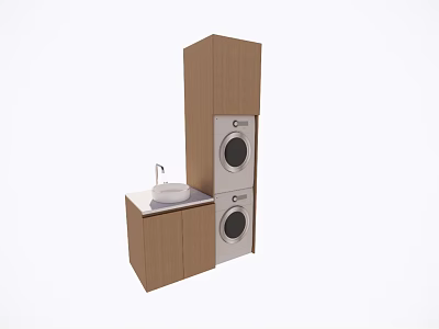 Stacked Washing Machines With Wooden Cabinets And Sink In Laundry Area 3d model