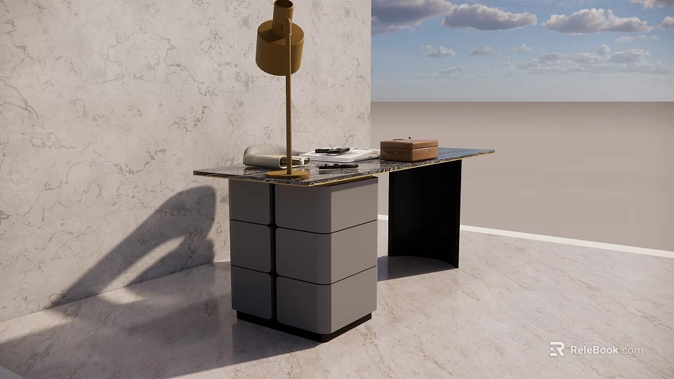 Modern Glass Top Desk With Drawers And Table Lamp On Concrete Floor 3d model 