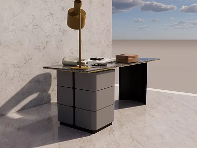 Modern Glass Top Desk With Drawers And Table Lamp On Concrete Floor 3d model