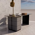 Modern Glass Top Desk With Drawers And Table Lamp On Concrete Floor