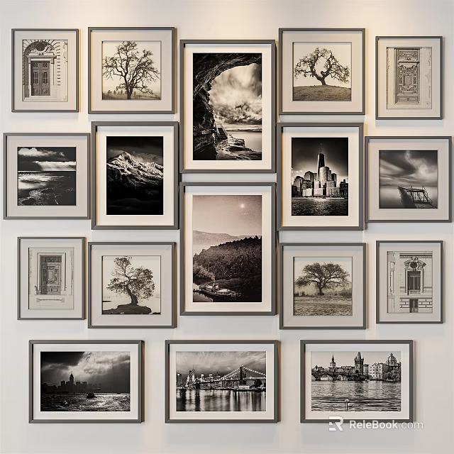 Black And White Framed Photo Wall With Landscape Architecture Tree And River Prints 3d model 