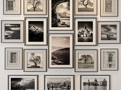 Black And White Framed Photo Wall With Landscape Architecture Tree And River Prints 3d model