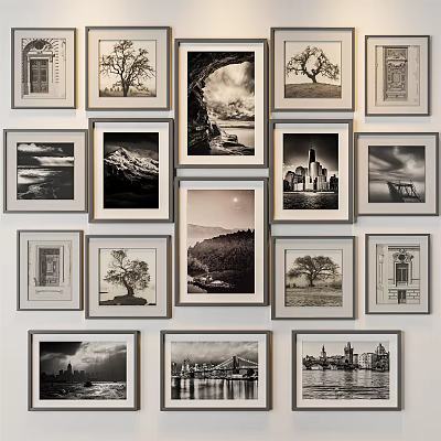 Black And White Framed Photo Wall With Landscape Architecture Tree And River Prints 3d model