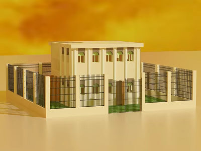 Two Story Beige Building With Black Fence Green Lawn Inside Multiple Windows Under Orange Yellow Sky 3d model