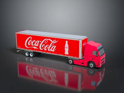 Red Coca-Cola Truck Model with Logo and Bottle Design on Reflective Surface 3d model