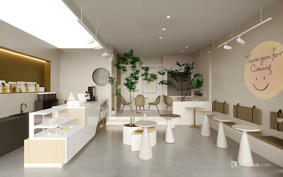Modern Cafe Interior Design With Green Plants Round Tables Bar Counter And Pendant Lights 3d model 