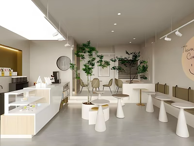 Modern Cafe Interior Design With Green Plants Round Tables Bar Counter And Pendant Lights 3d model