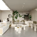 Modern Cafe Interior Design With Green Plants Round Tables Bar Counter And Pendant Lights
