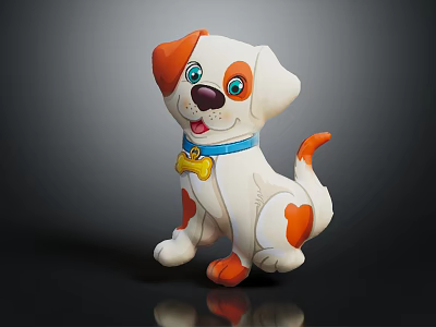 Puppy Shaped Children's Storage Stool With White Orange Body And Blue Collar Yellow Bone Decoration 3d model