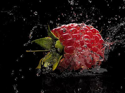Close Up Fresh Juicy Raspberry with Splashing Water Droplets on Black Background 3d model