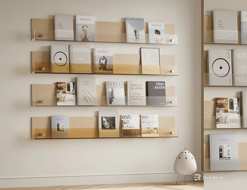 Books And Magazines Collection Neatly Displayed On Wooden Shelves For Home Interior 3d model 
