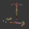 Three Orange Pickaxes With Metal Parts And Spring Mechanism For Digging Tools