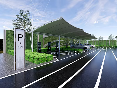 Modern Parking Lot with Green Hedge Canopy Covered EV Charging Stations and White Parking Lines 3d model