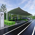 Modern Parking Lot with Green Hedge Canopy Covered EV Charging Stations and White Parking Lines
