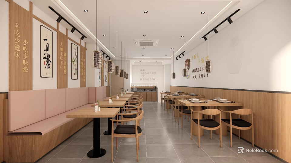 Chinese Style Hot Pot Restaurant Interior With Wooden Tables Bench Seating And Hanging Lights 3d model 