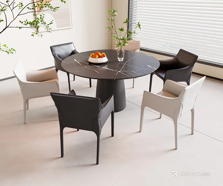 Modern Round Table with Marble Tabletop Black White Chairs Fruit Bowl and Plant 3d model 