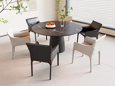 Modern Round Table with Marble Tabletop Black White Chairs Fruit Bowl and Plant 3d model
