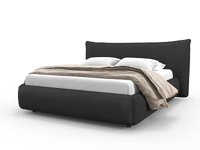 Modern Upholstered Double Bed with Black Headboard White Mattress White Pillows and Light Brown Blanket 3d model
