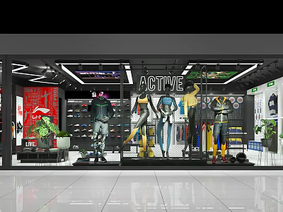 Active Clothing Store Window Display With Stylish Mannequins Sportswear Active Outfits Green Plants Modern Lighting 3d model