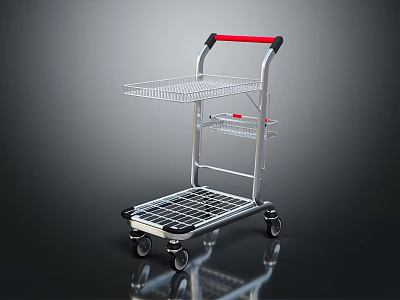 Practical Metal Utility Cart With Two Tier Wire Mesh Shelves Red Handle And Wheels 3d model