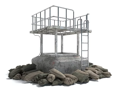 Sturdy Elevated Structural Platform With Concrete Base Metal Railing Ladder And Sandbags 3d model