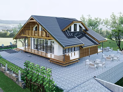 Wooden House with Black Roof Wooden Deck and Outdoor Seating Area Surrounded by Trees 3d model