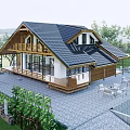 Wooden House with Black Roof Wooden Deck and Outdoor Seating Area Surrounded by Trees
